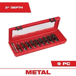High Speed Steel Annular Cutter Kit With 3/4 in. Weldon Shank (9-Piece) in a red storage case. The kit includes various sizes of annular cutters and two pilot pins, used for drilling metal with a 2-inch depth capacity.