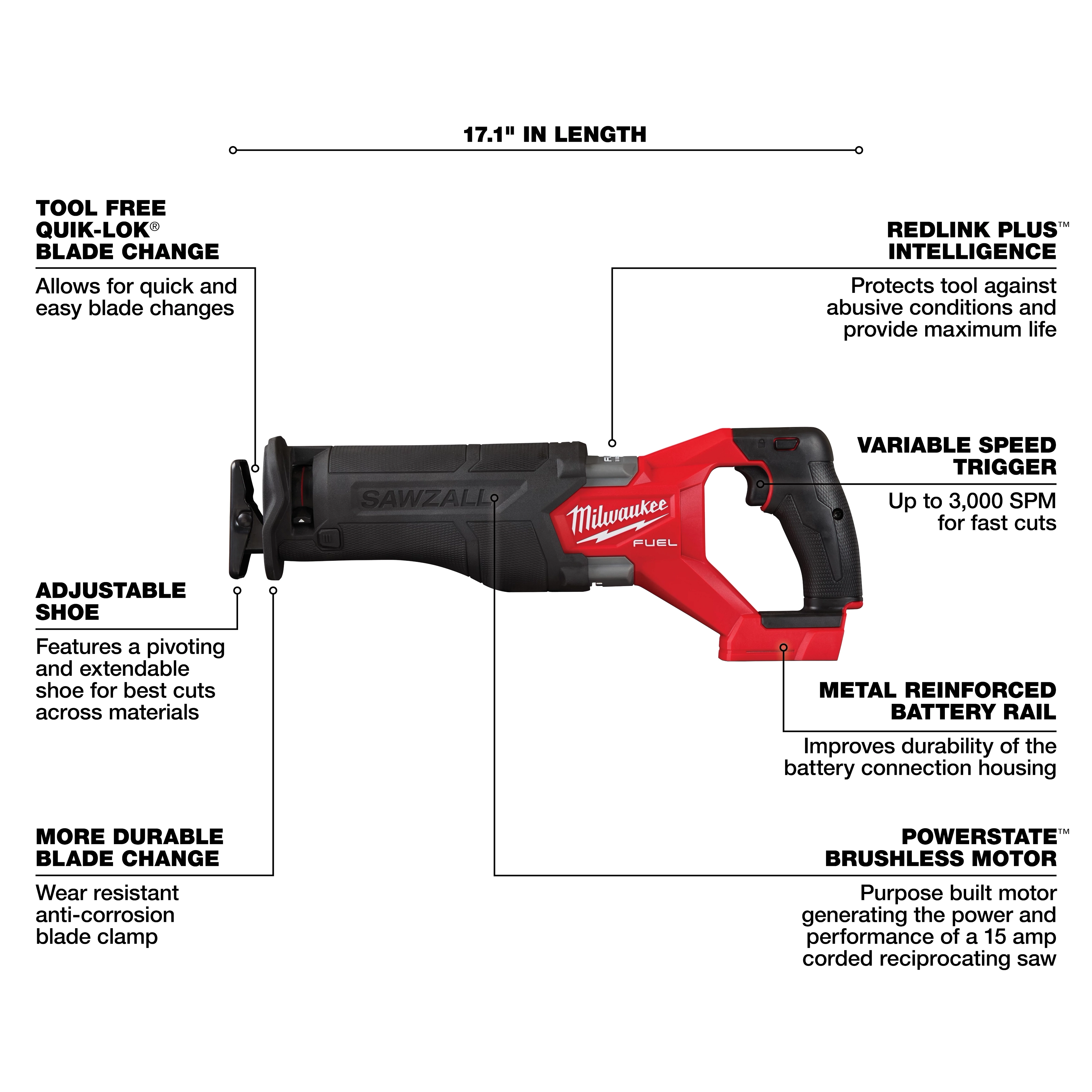 The M18 FUEL 7-Tool Combo Kit includes a reciprocating saw with tool-free blade change, adjustable shoe, durable blade clamp, REDLINK PLUS intelligence, and a brushless motor. It features a variable speed trigger, metal reinforced battery rail, and measures 17.1 inches in length.