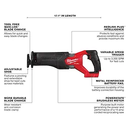 The M18 FUEL 7-Tool Combo Kit includes a reciprocating saw with tool-free blade change, adjustable shoe, durable blade clamp, REDLINK PLUS intelligence, and a brushless motor. It features a variable speed trigger, metal reinforced battery rail, and measures 17.1 inches in length.
