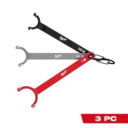 The 3 PC Locknut Wrench Set comprises three Milwaukee locknut wrenches in different sizes (1 inch, 3/4 inch, and 1/2 inch) and colors (red, gray, and black) with a connecting ring. Each wrench has a semicircular open-end designed for locking nuts.