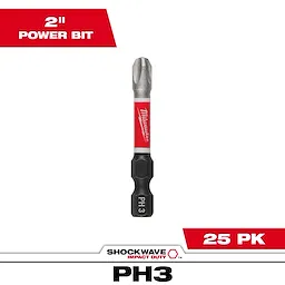 Image of SHOCKWAVE™ 2" Impact Duty Phillips #3 Power Bits (25 PK). The power bit is metallic with a red band featuring the Milwaukee logo. Text on the image indicates "2" Power Bit" at the top left and "25 PK" at the bottom right.