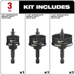 The 49-22-4800 Set Includes three Shockwave Impact Duty hole saws: 7/8", 1-1/8", and 1-3/8", one of each size.