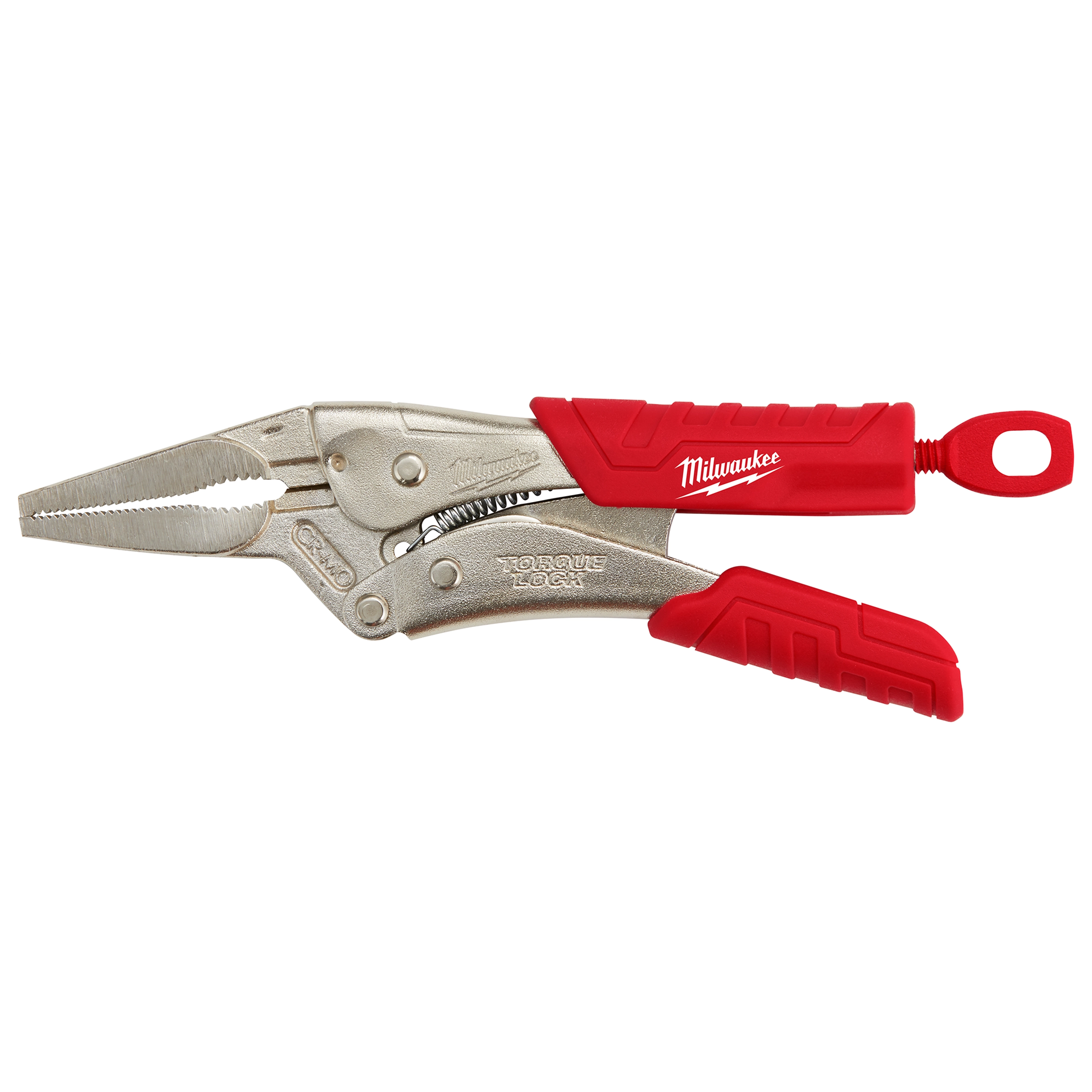 6" Torque Lock Long Nose Locking Pliers with Durable Grip by Milwaukee, featuring a metallic body, red grips, and a locking mechanism. The pliers have a long, pointed nose designed for precise grip and torque application.