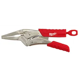 6" Torque Lock Long Nose Locking Pliers with Durable Grip by Milwaukee, featuring a metallic body, red grips, and a locking mechanism. The pliers have a long, pointed nose designed for precise grip and torque application.