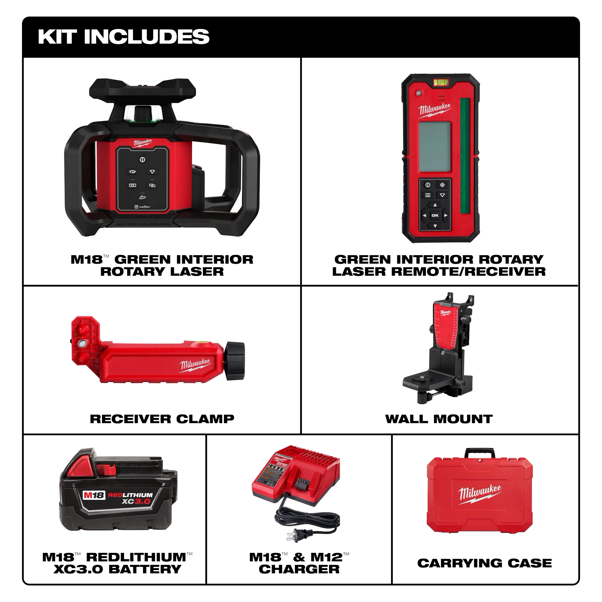 Kit includes image of the Milwaukee M18 Green Interior Rotary Laser Level Kit w/ Remote/Receiver & Wall Mount Bracket