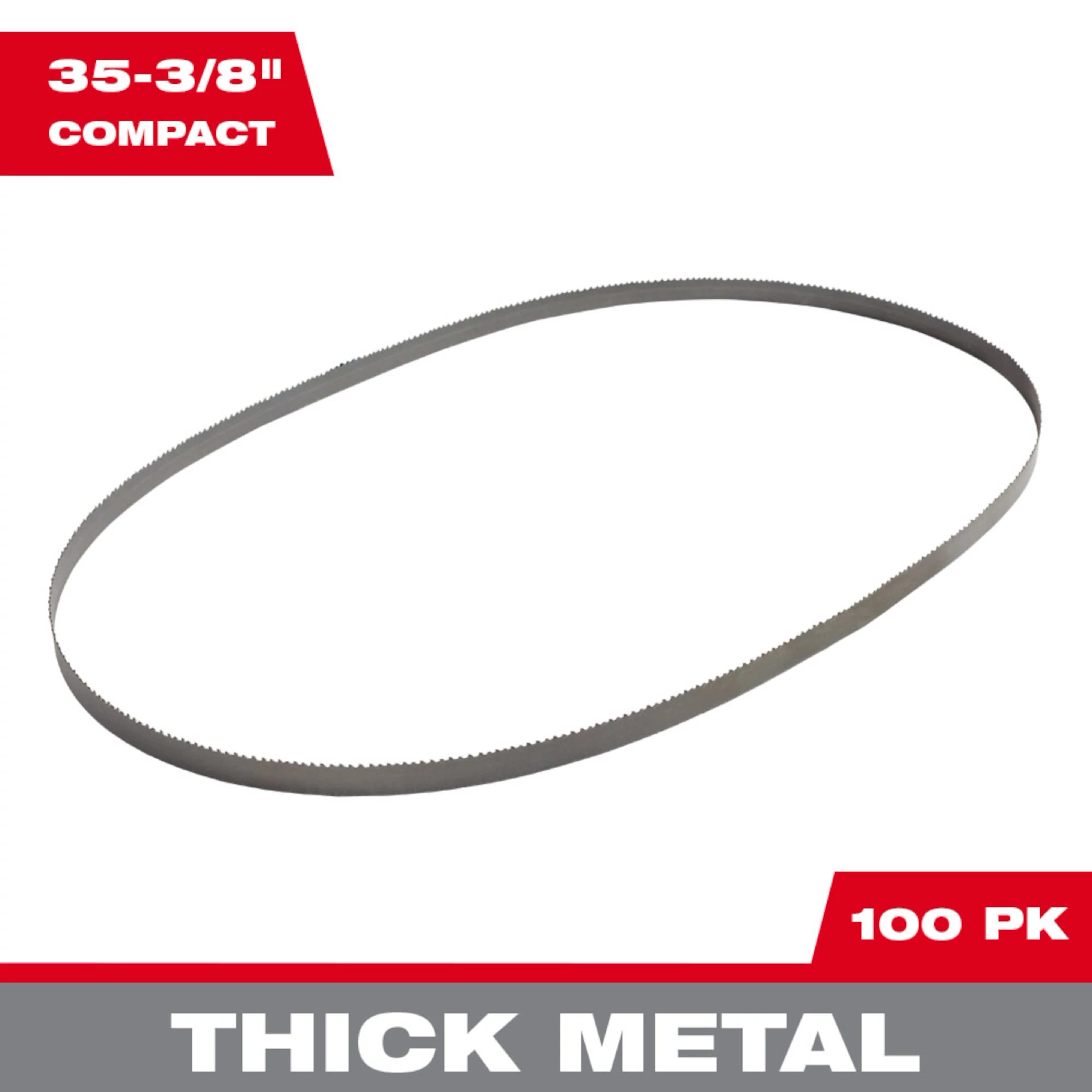 Band Saw Blade Main Image features a 35-3/8" compact blade, designed for thick metal, and is available in a 100 pack.