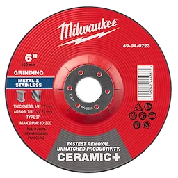 6" x 1/4" x 7/8" Ceramic+ Metal Grinding Wheel Type 27 for metal and stainless steel. Red with technical details and barcode.