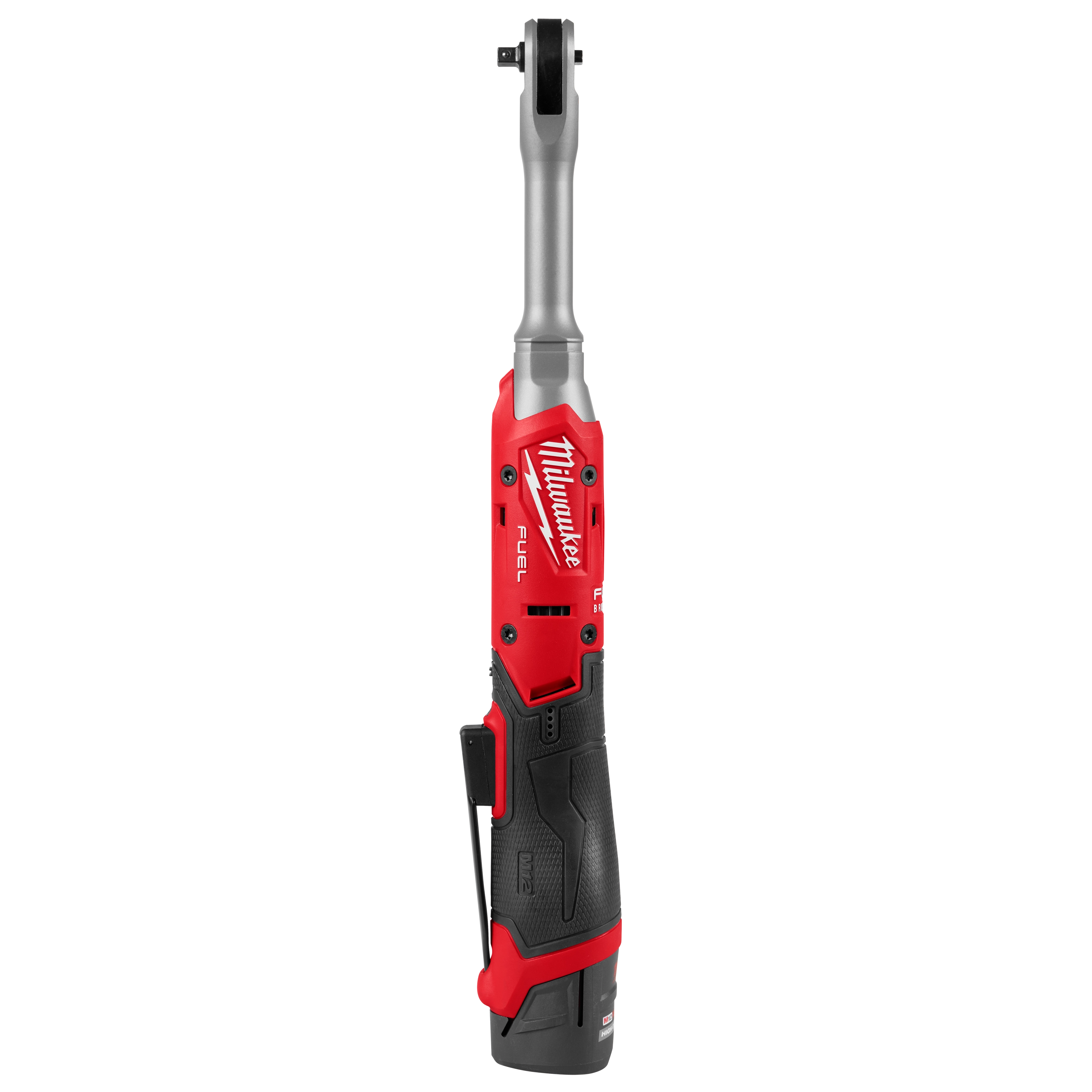 The M12 FUEL 1/4" Extended Reach Ratchet has a long silver neck and a red housing. It features a black handle with grip texture and a power switch. The tool is designed for fast and easy bolt tightening.