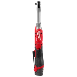 The M12 FUEL 1/4" Extended Reach Ratchet has a long silver neck and a red housing. It features a black handle with grip texture and a power switch. The tool is designed for fast and easy bolt tightening.