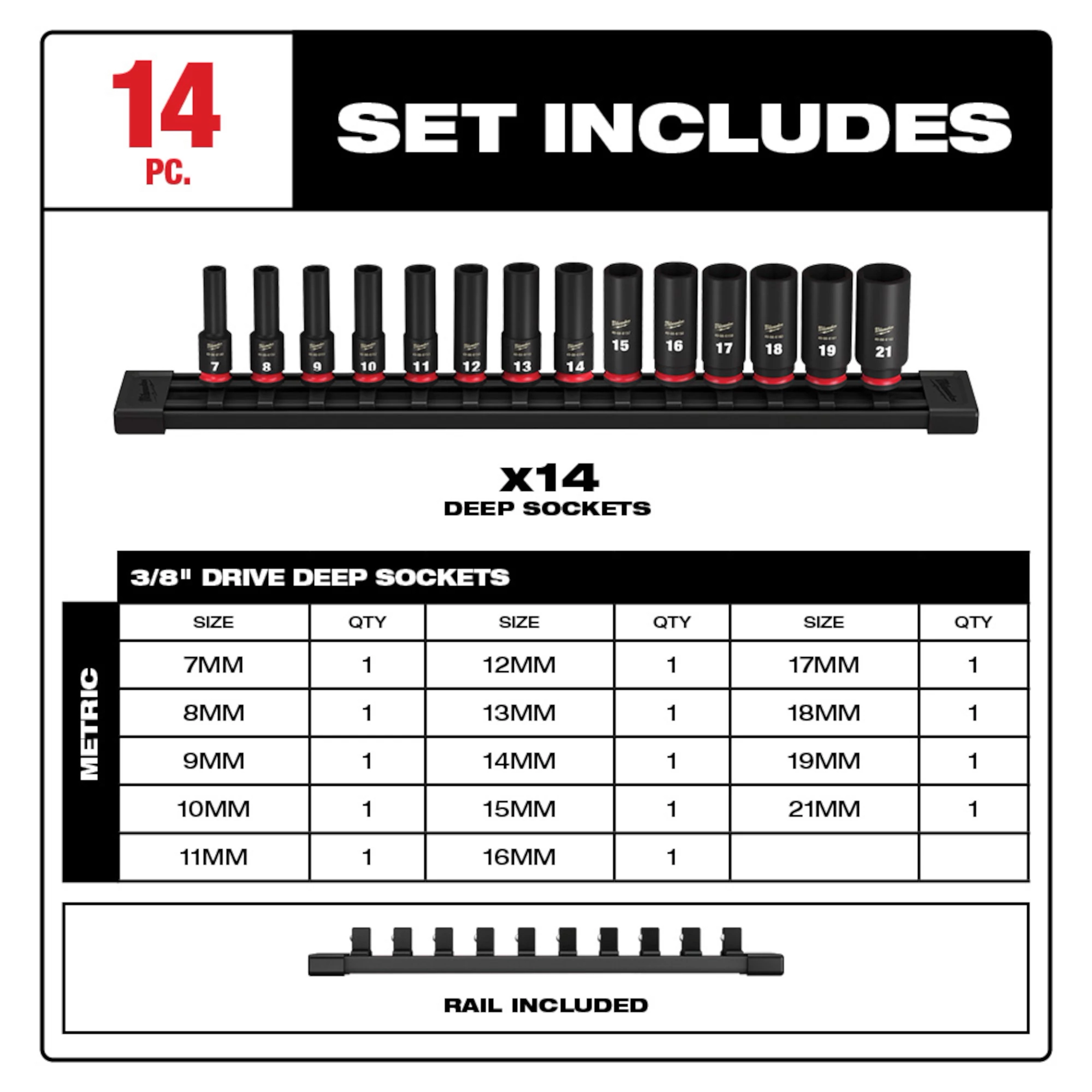 14PC SHOCKWAVE Impact Duty(TM) 3/8" Drive Metric Deep 6 Point Socket Set