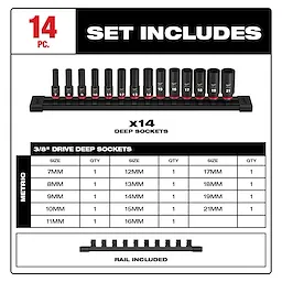 14PC SHOCKWAVE Impact Duty(TM) 3/8" Drive Metric Deep 6 Point Socket Set
