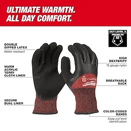Cut Level 3 Winter Dipped Gloves displayed upright with text callouts highlighting features around them.