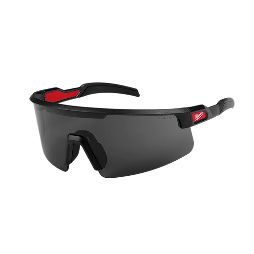 Wrap Around Safety Glasses with Tinted Anti-Scratch Lenses feature a sleek black frame and red accents. The glasses provide full eye coverage, with a sturdy design suited for protection in various work environments. They are designed to be both durable and comfortable for extended wear.