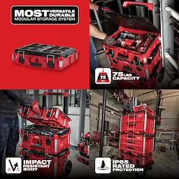 PACKOUT Tool Box displaying its modular storage system, impact-resistant body, 100 lbs capacity, and IP65 rated protection.
