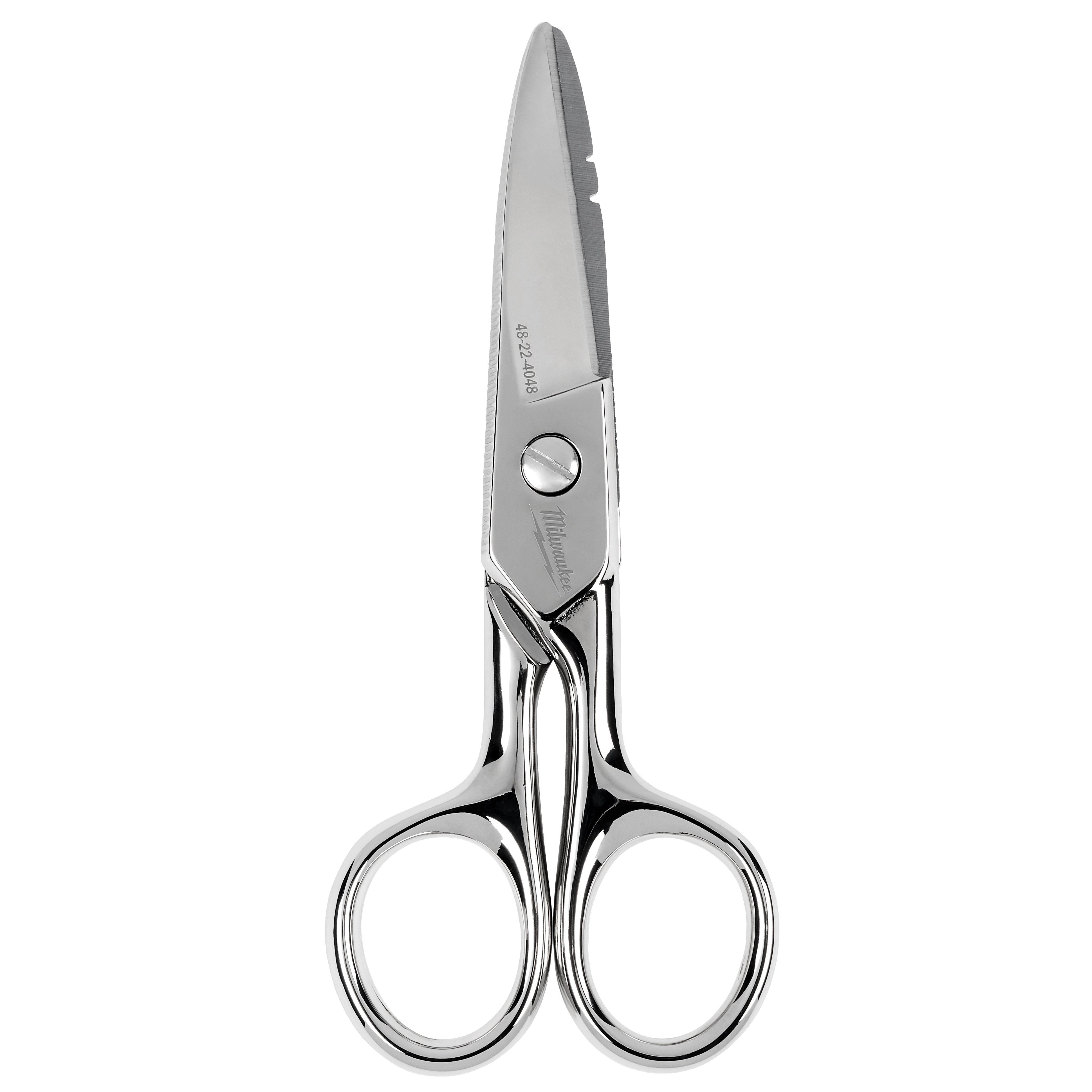 Electrician Scissors featuring stainless steel blades with serrated edges and rounded finger holes, ideal for precise cutting tasks.