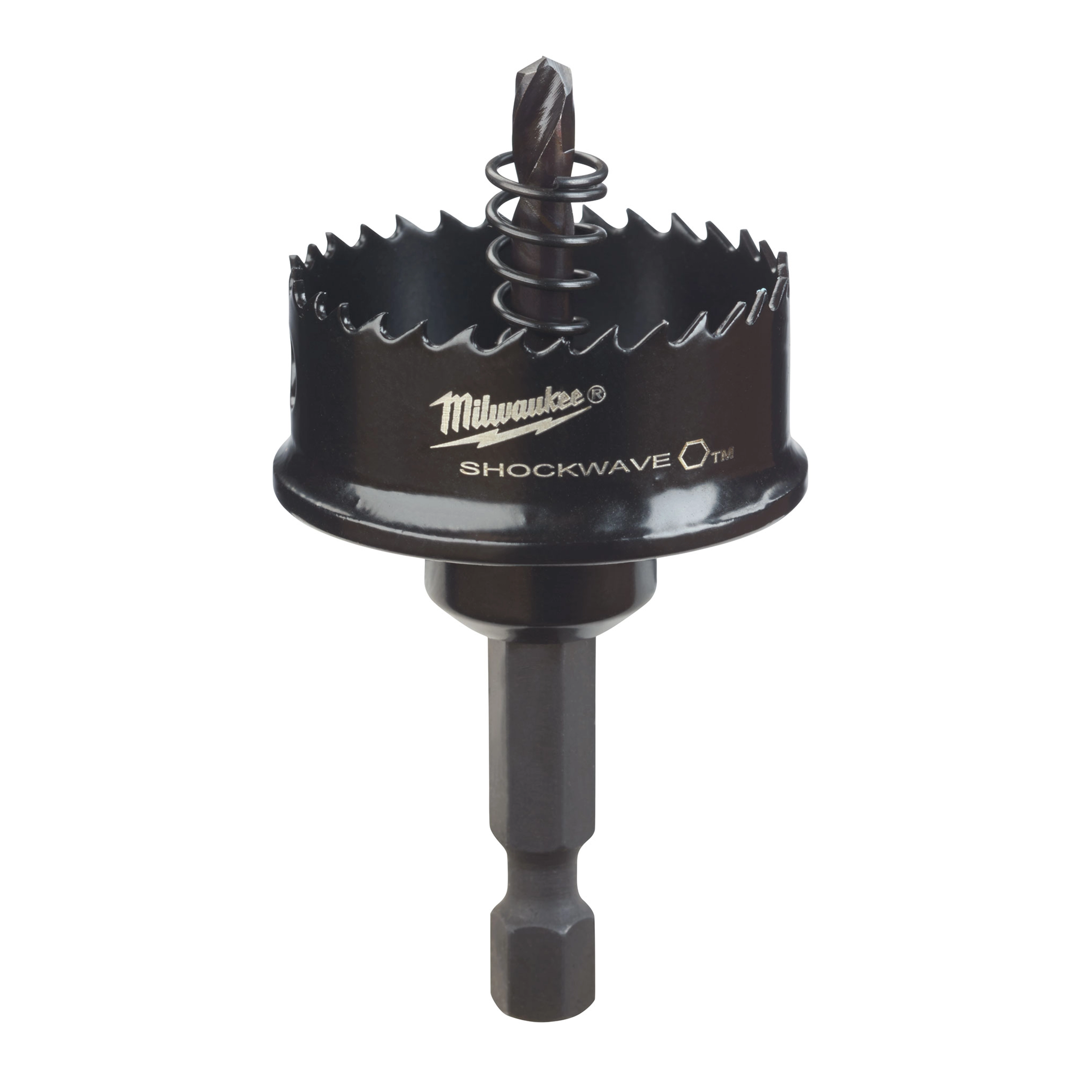 Milwaukee Shockwave hole saw with spring-loaded pilot bit and hex shank against a plain background.
