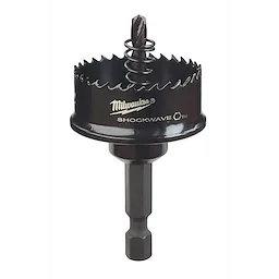 Milwaukee Shockwave hole saw with spring-loaded pilot bit and hex shank against a plain background.