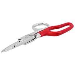 Electrician Scissors with Extended Handle, featuring a metallic blade, serrated edge, wire-cutting notch, and red ergonomic handle.
