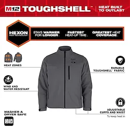 M12 Heated TOUGHSHELL Jacket features Hexon heat technology, durable fabric, wind and water resistance, and adjustable cuffs and waist.