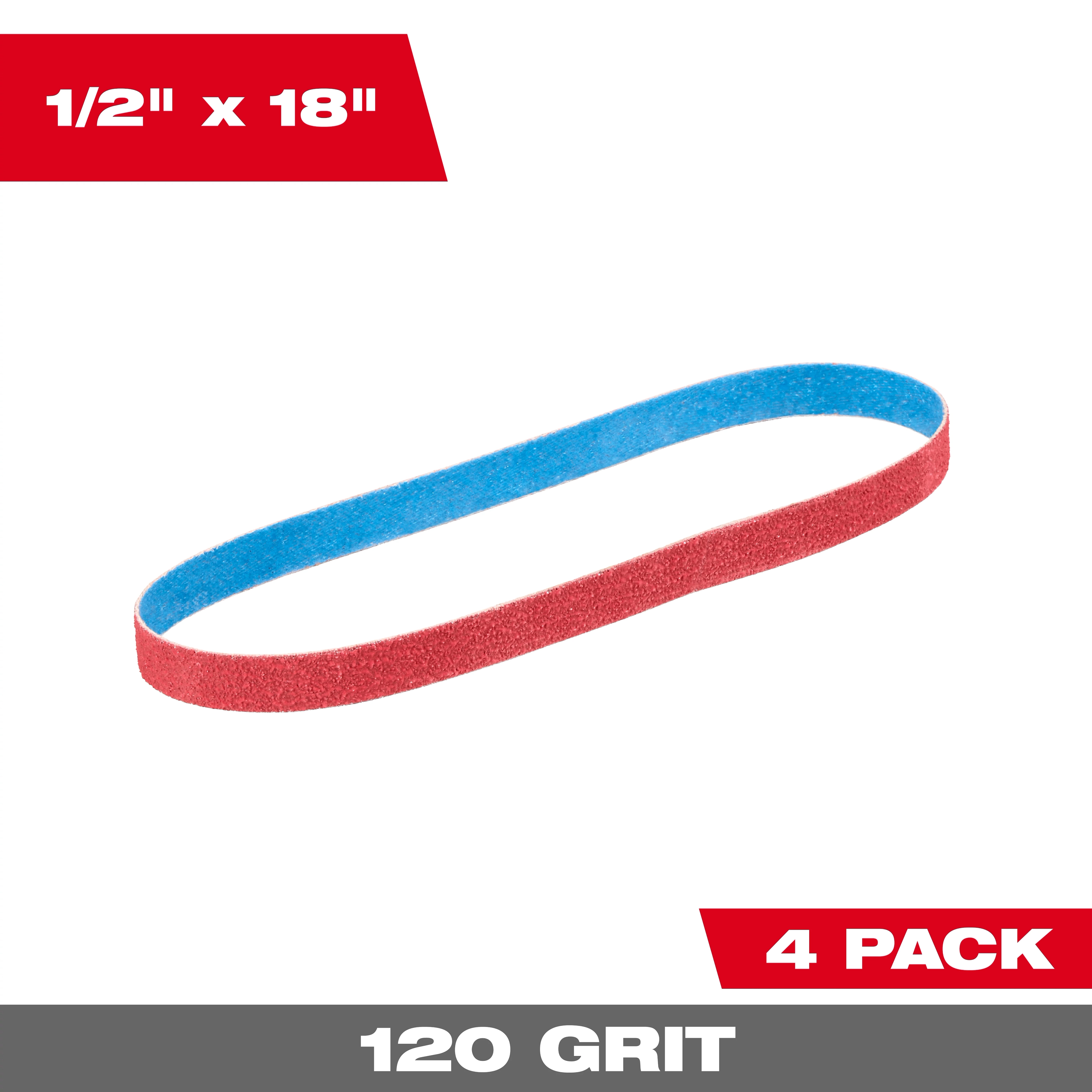 Image of the Milwaukee 1/2” x 18” 120 Grit Bandfile Belt with the text "1/2” x 18”. 4 pack. 120 Grit"