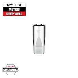 This image features a Milwaukee deep well metric socket with a 1/2" drive. The socket is chrome-plated and labeled "27" on the front. It comes with a lifetime guarantee, as highlighted at the bottom of the image.