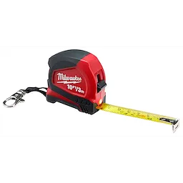 Red and black 10ft/3m Keychain Tape Measure with LED, featuring a yellow, extended tape, a keychain clip, and an LED light.