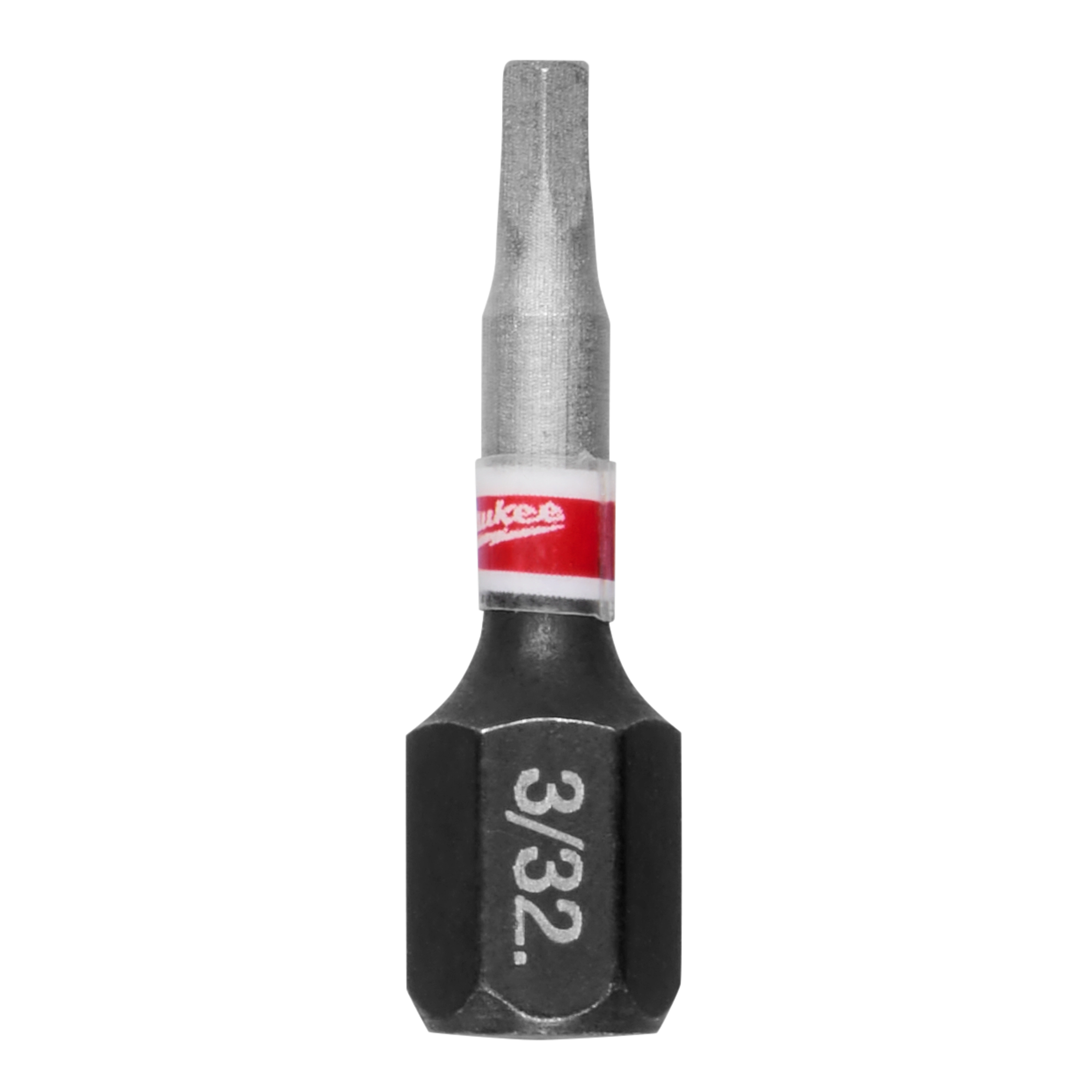 This is a Milwaukee brand 3/32 inch hex driver bit. The bit is metallic with a cylindrical tip and a black, hexagonal base. A red and white label with the Milwaukee logo is wrapped around its middle.
