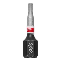 This is a Milwaukee brand 3/32 inch hex driver bit. The bit is metallic with a cylindrical tip and a black, hexagonal base. A red and white label with the Milwaukee logo is wrapped around its middle.