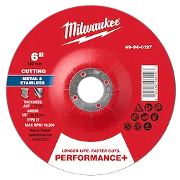 Round red 6" x .045" x 7/8" Performance+ Metal Cut Off Wheel, Type 27, for cutting metal and stainless steel, from Milwaukee.