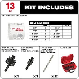 HOLE DOZER General-Purpose Hole Saw Kit - 13PC includes various hole saw sizes, arbors, pilot bits, and a hard case.