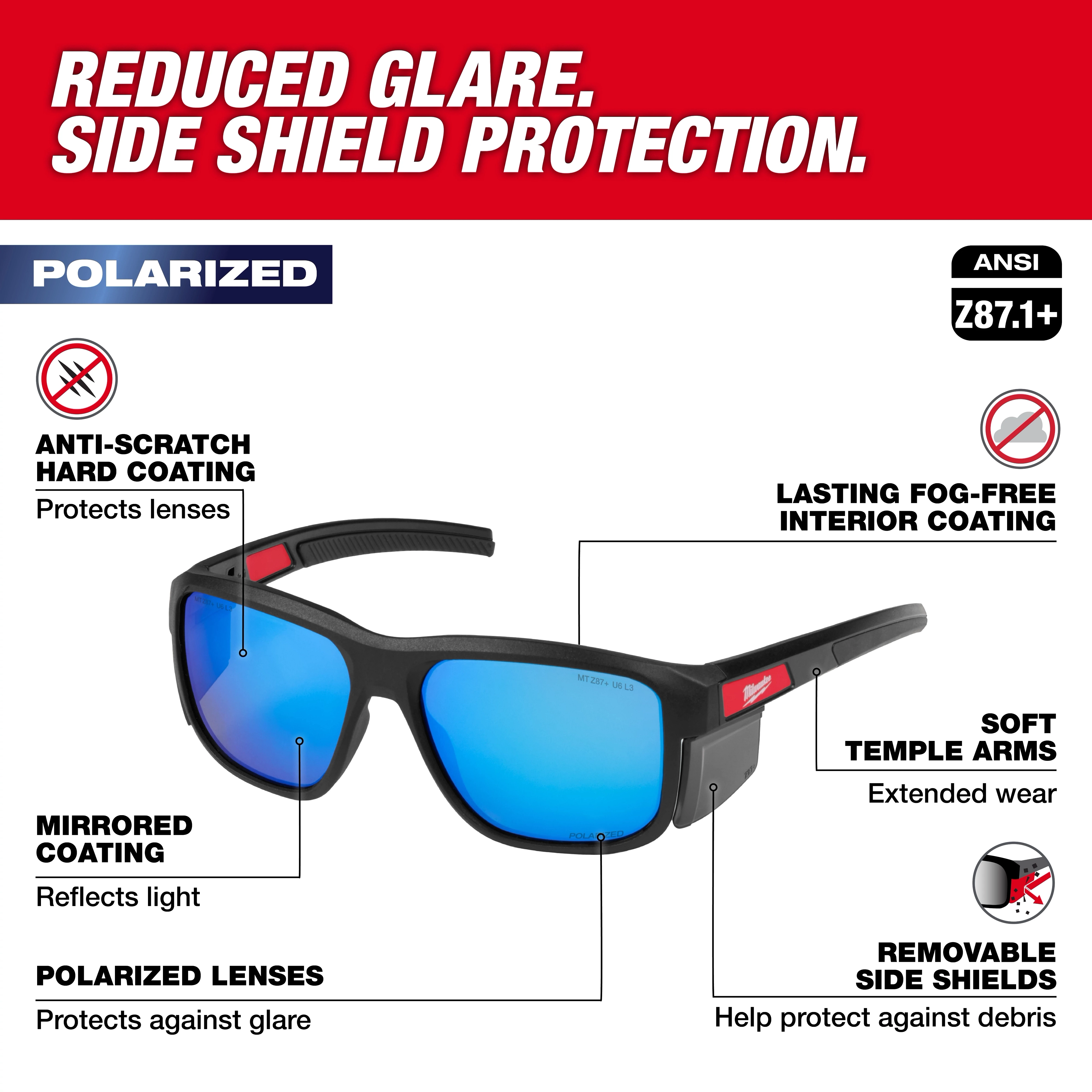 Polarized Full Frame Safety Glasses with Removable Side Shields have blue mirrored lenses, anti-scratch coating, and soft temple arms.