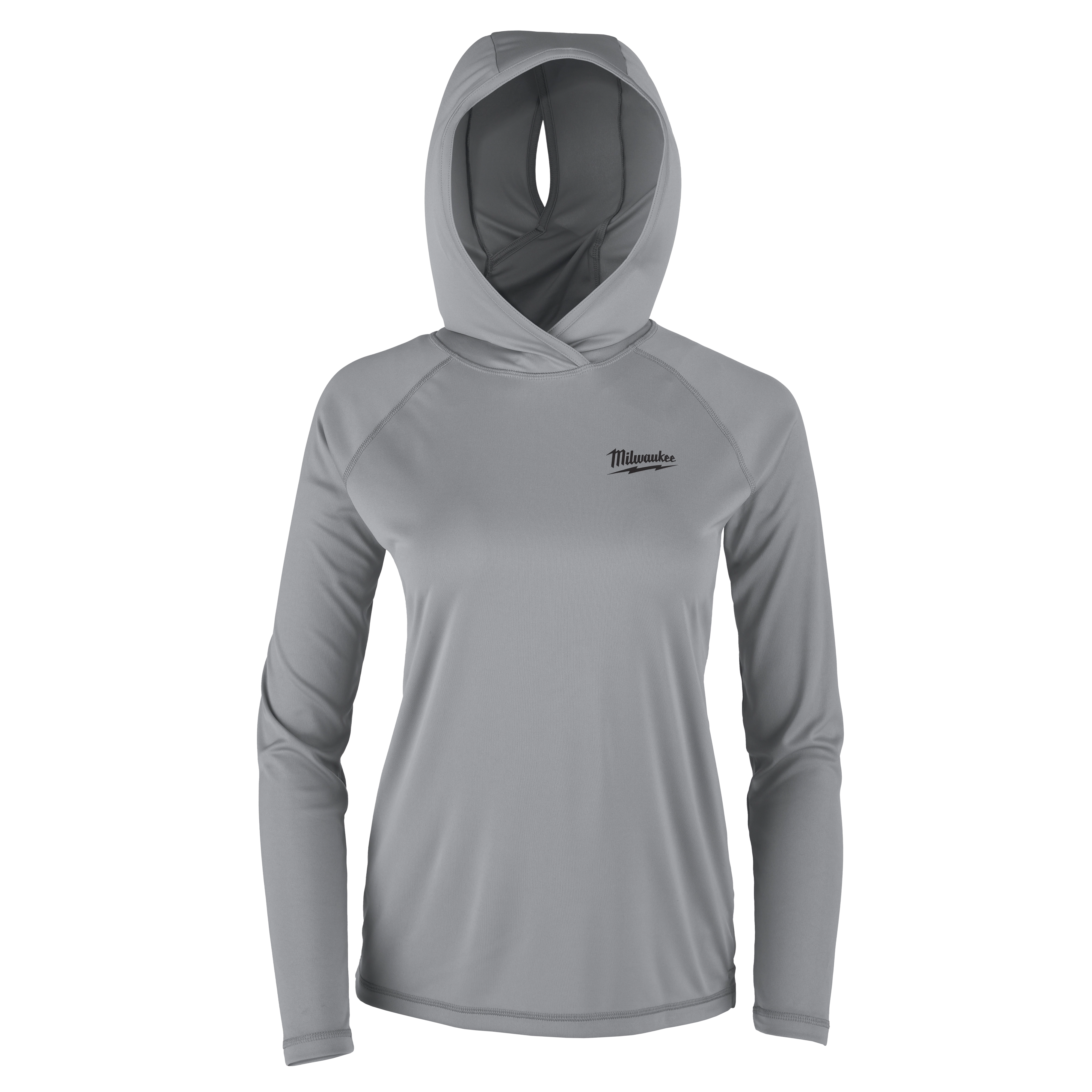 This image shows the Women's WORKSKIN™ Hooded Sun Shirt in gray. It features long sleeves, a hood, and the Milwaukee logo on the chest. The fabric appears lightweight and fitted, designed for sun protection and comfort.