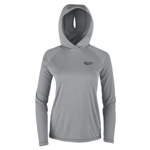 This image shows the Women's WORKSKIN™ Hooded Sun Shirt in gray. It features long sleeves, a hood, and the Milwaukee logo on the chest. The fabric appears lightweight and fitted, designed for sun protection and comfort.