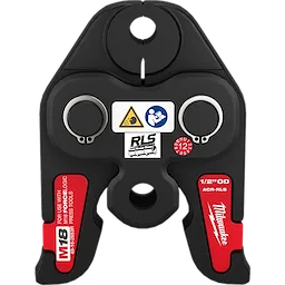 RLS ACR Press Jaws for M18 FORCE LOGIC Press Tools, featuring a black and red design with attachment points and warning labels.