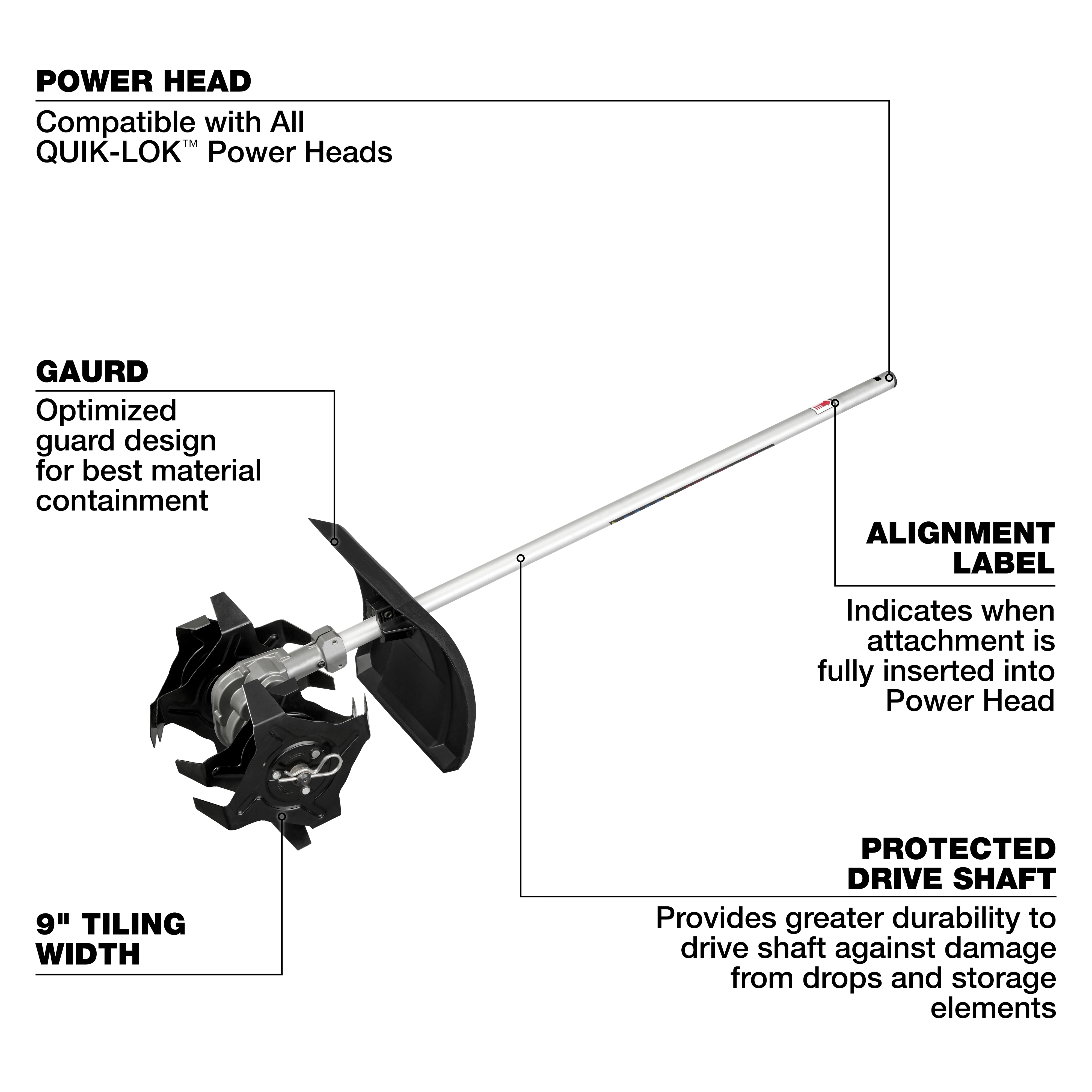 M18 FUEL QUIK-LOK Cultivator Attachment with long drive shaft, guard, and multi-blade tilling head on white background.