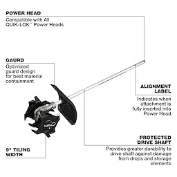 M18 FUEL QUIK-LOK Cultivator Attachment with long drive shaft, guard, and multi-blade tilling head on white background.