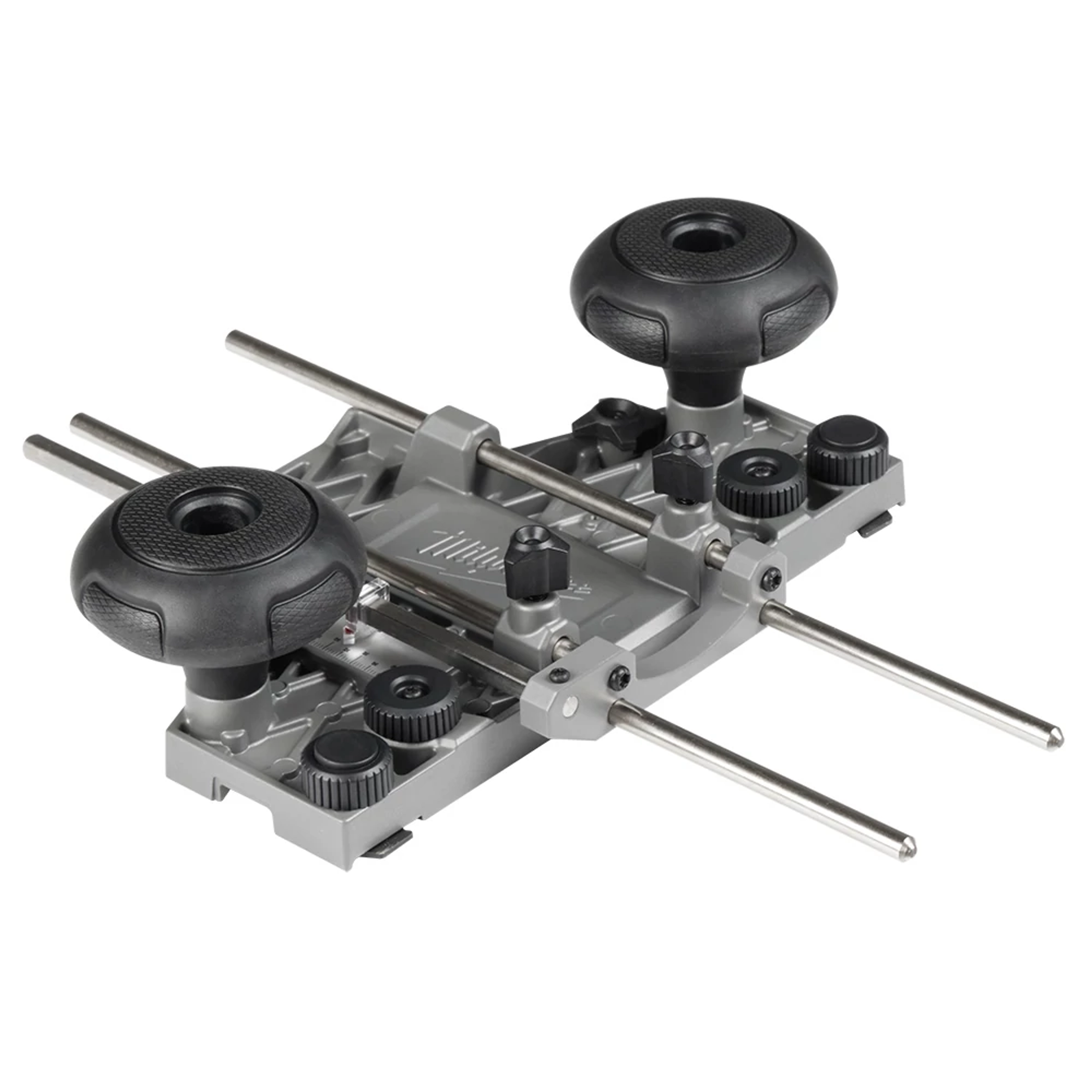 Router Guide Rail Adapter with two black knobs and metal rods for precision woodworking. Gray base with adjustment dials.