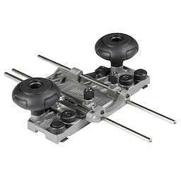 Router Guide Rail Adapter with two black knobs and metal rods for precision woodworking. Gray base with adjustment dials.