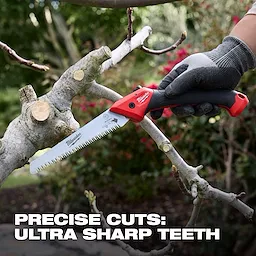 7” Folding Pruning Saw – Straight Blade cutting a tree branch outdoors with gloved hand holding the handle.