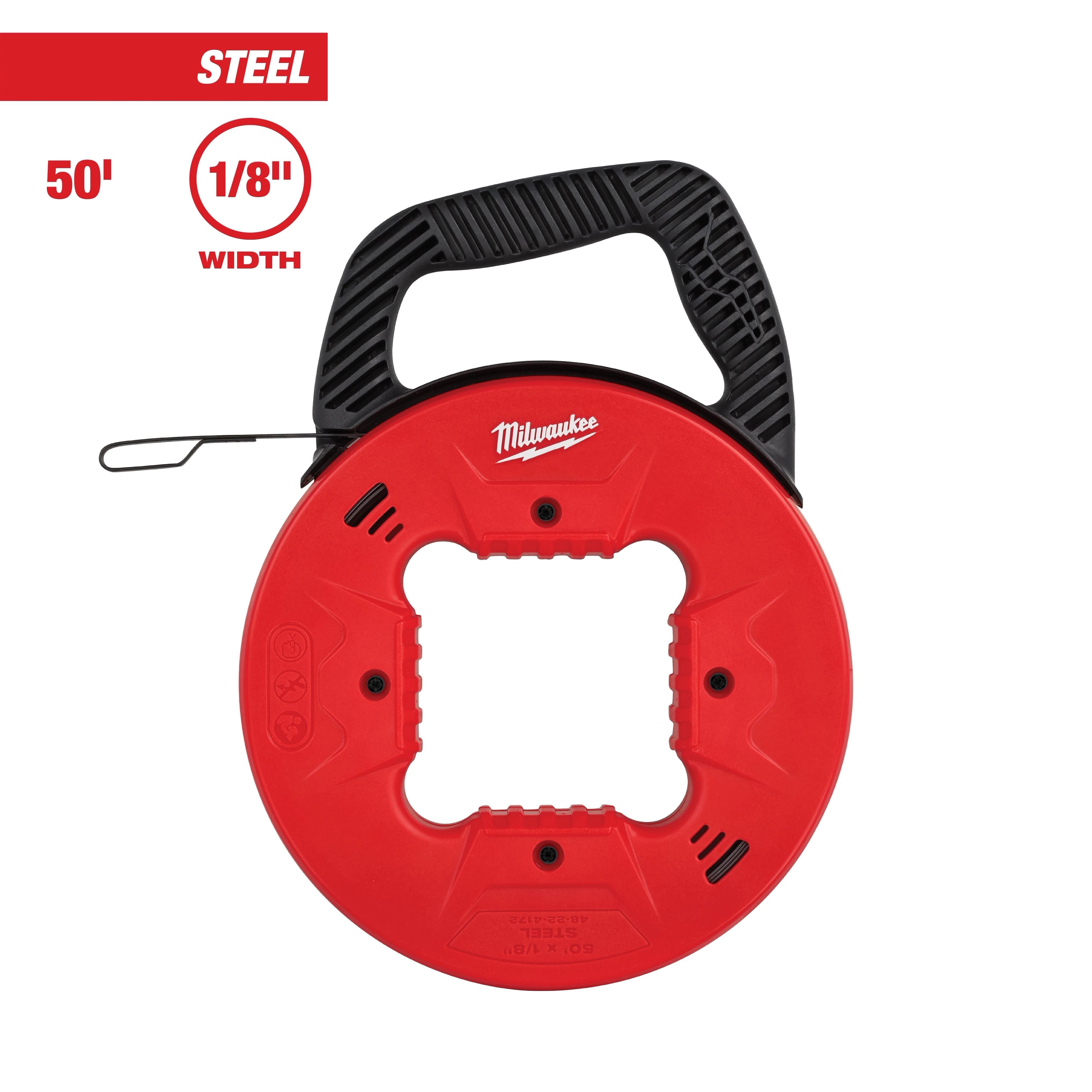 Red and black 50' x 1/8" steel fish tape by Milwaukee, featuring a durable handle and a steel wire for guiding cables through pipes.