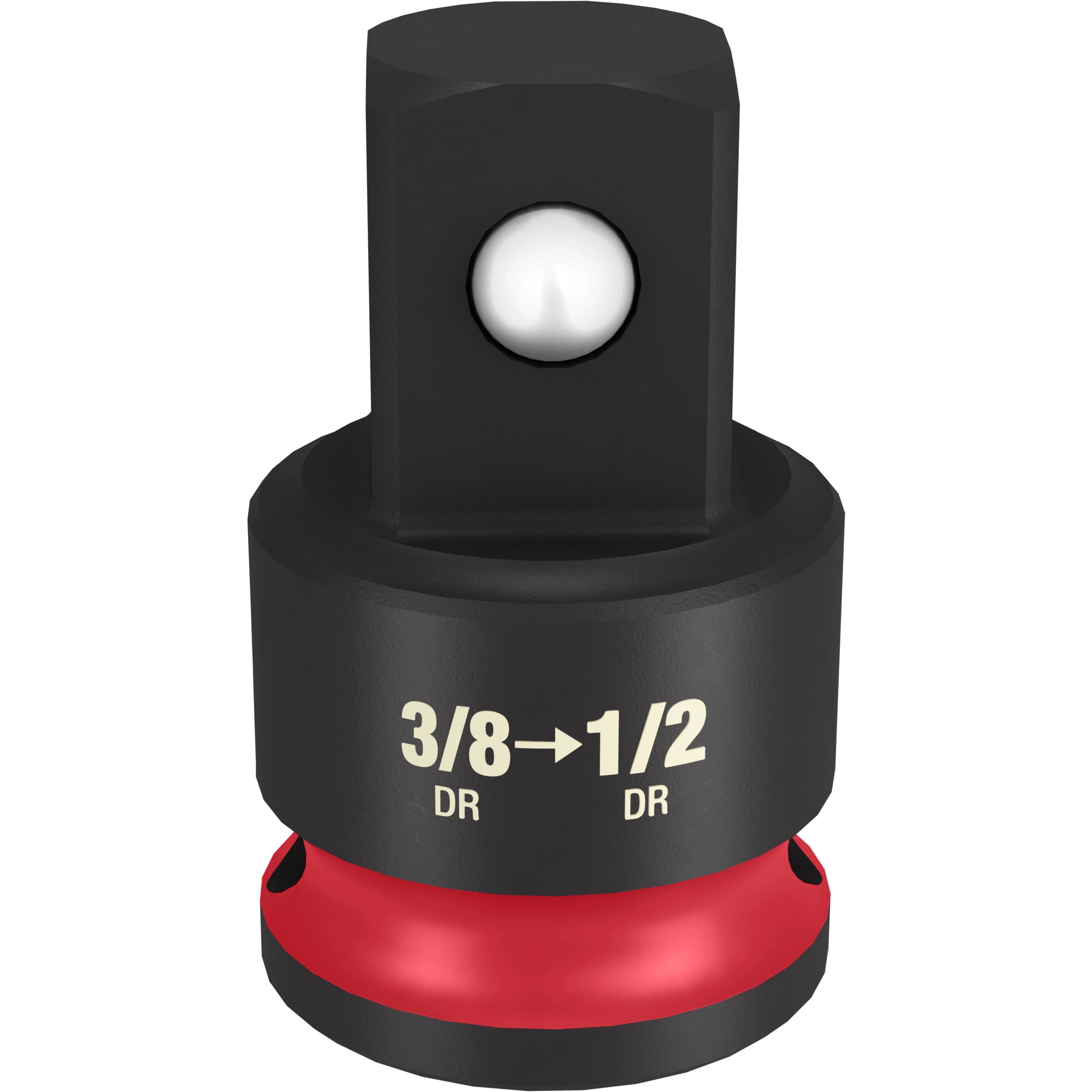 A 3/8" DR to 1/2" DR adapter made of black metal with a red ring around the base. The text 3/8 to 1/2 DR is printed in white on the black section. The adapter has a square drive on top and a ball detent for socket retention.