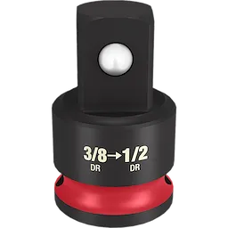 A 3/8" DR to 1/2" DR adapter made of black metal with a red ring around the base. The text 3/8 to 1/2 DR is printed in white on the black section. The adapter has a square drive on top and a ball detent for socket retention.