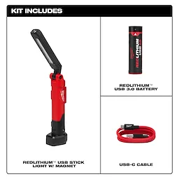 The 2128 Stick Light kit includes a red USB stick light with a magnet, REDLITHIUM USB 3.0 battery, and a USB-C cable.