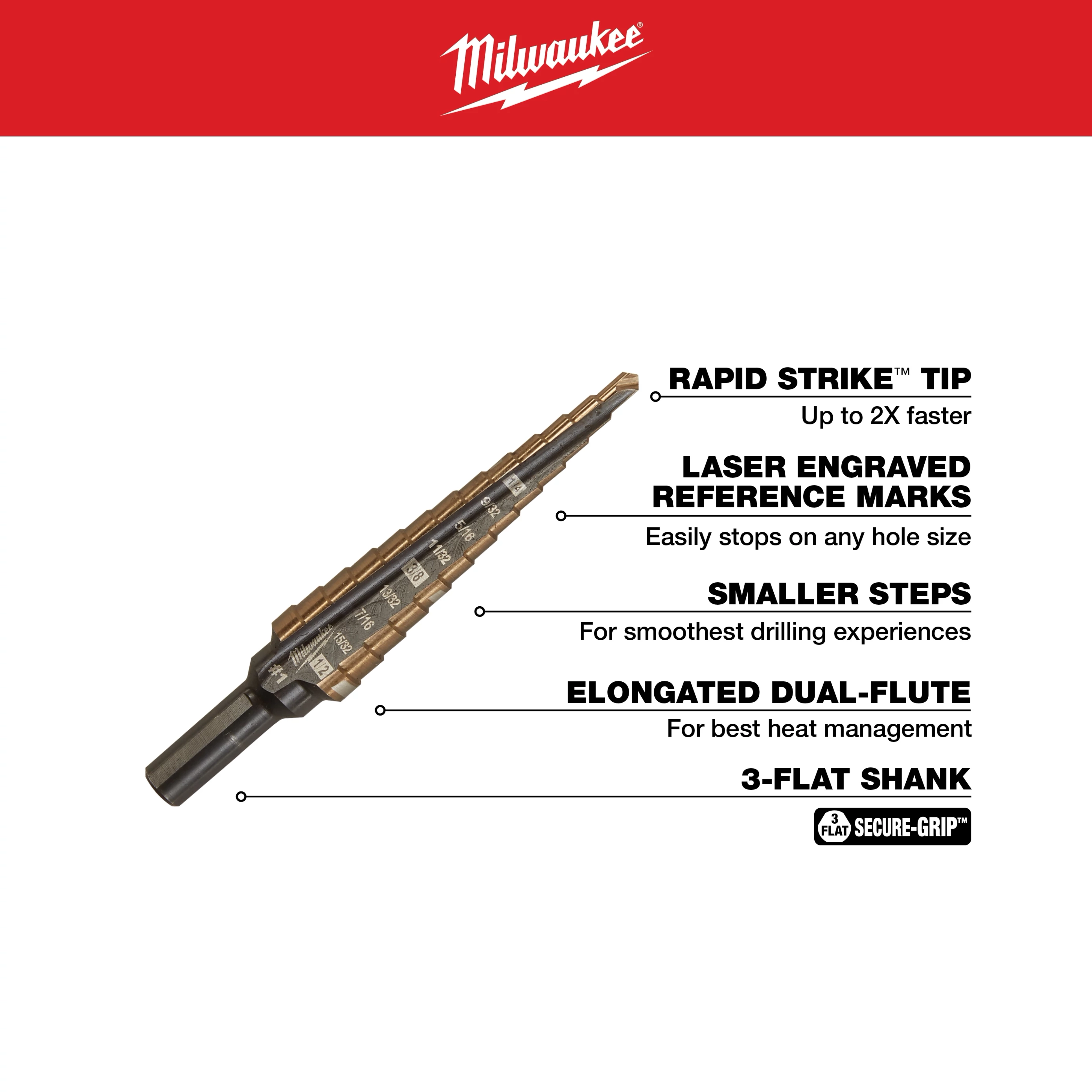 The 1/8 in. - 1/2 in. #1 Cobalt Step Drill Bit (13-Steps) features Rapid Strike tip for faster drilling, laser engraved reference marks, smaller steps for smooth drilling, elongated dual-flute for heat management, and a 3-flat shank for secure grip.