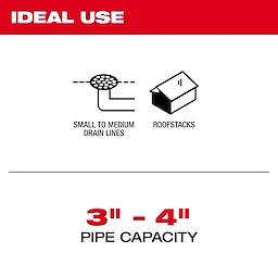 The image indicates that the product is ideal for small to medium drain lines and roof stacks. The pipe capacity ranges from 3 to 4 inches.