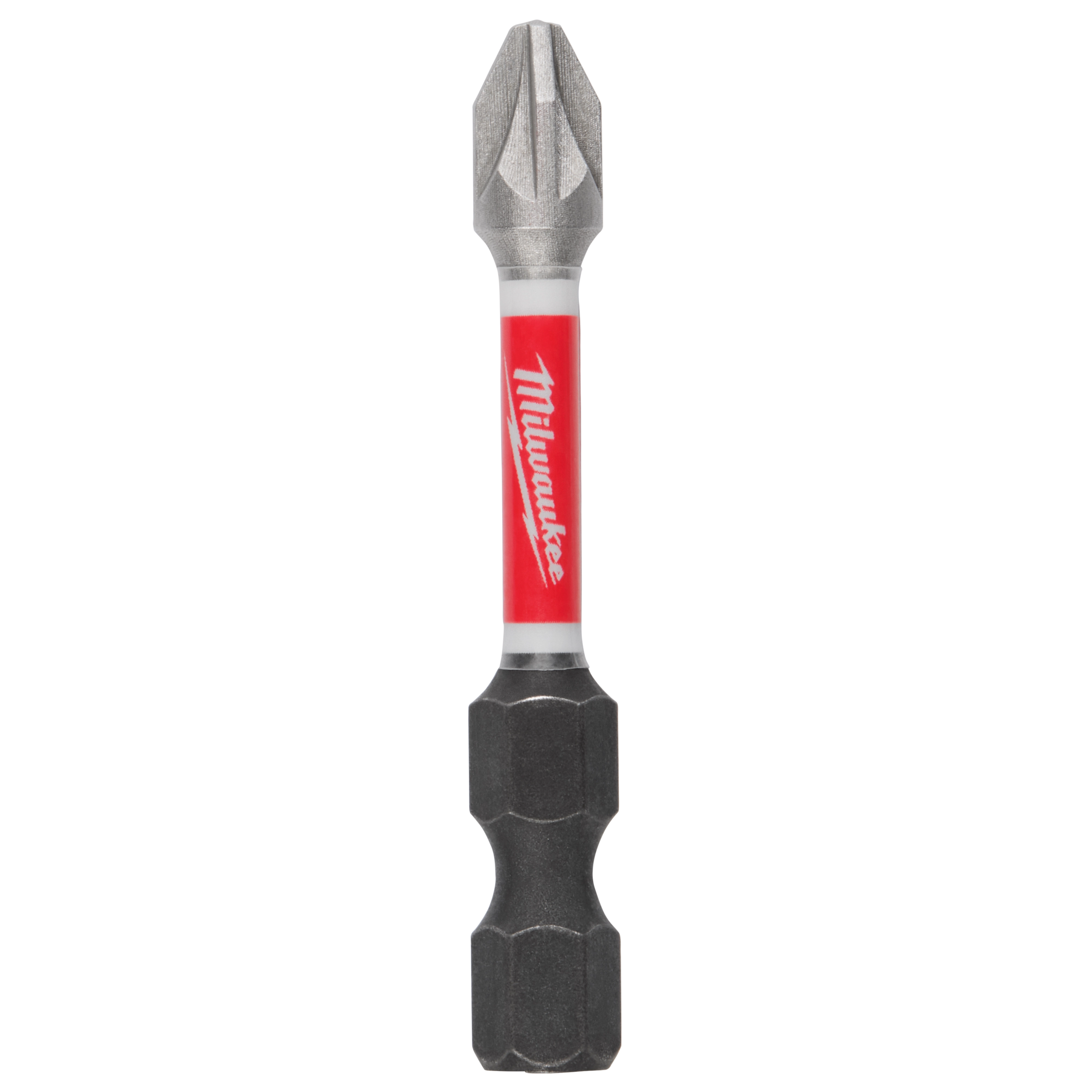 The image shows a SHOCKWAVE™ 2" Impact Duty Pozidriv #2 Power Bit by Milwaukee. It has a red central section with the Milwaukee logo and durable metal ends designed for high-impact use.