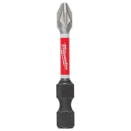 The image shows a SHOCKWAVE™ 2" Impact Duty Pozidriv #2 Power Bit by Milwaukee. It has a red central section with the Milwaukee logo and durable metal ends designed for high-impact use.