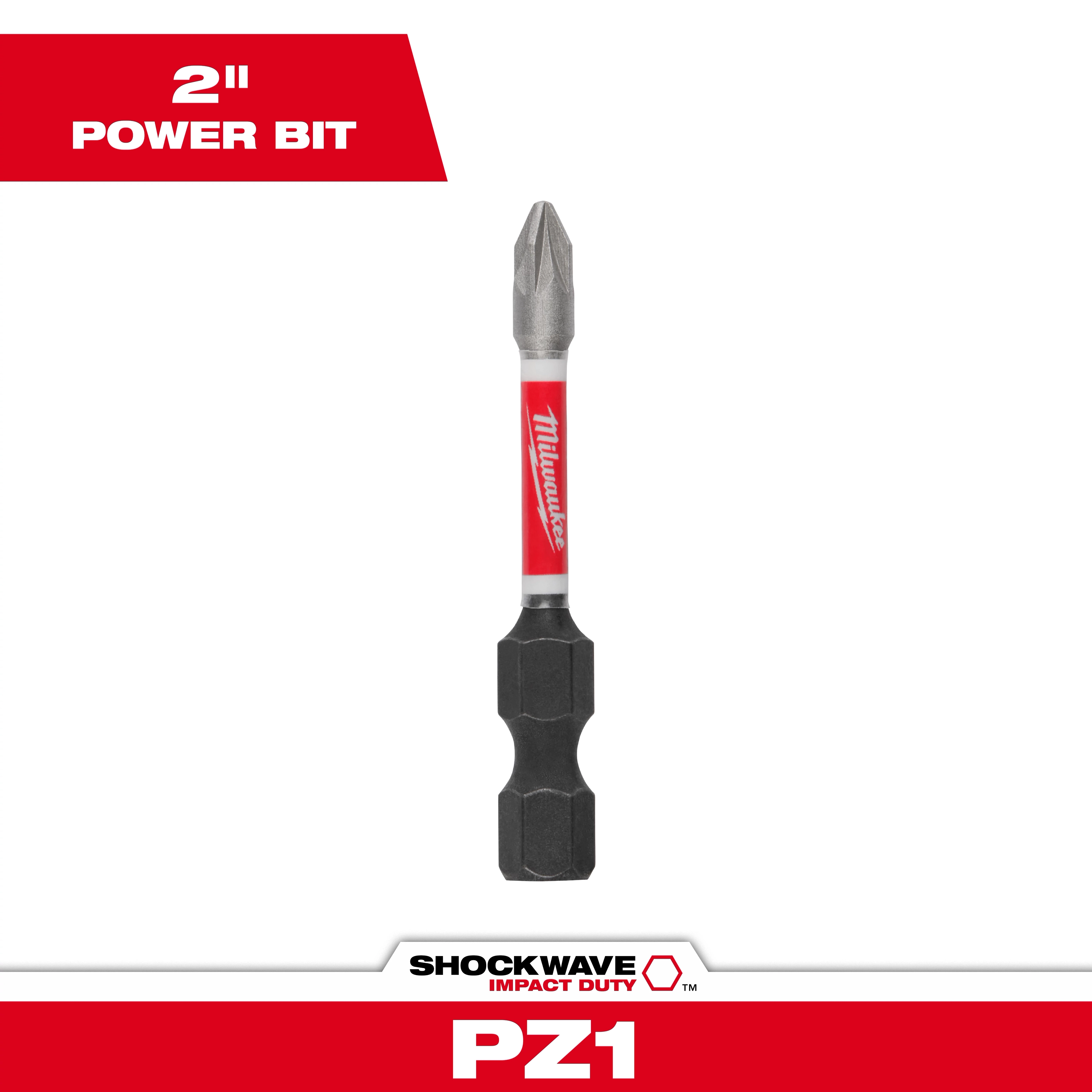 The image shows a Milwaukee Shockwave Impact Duty PZ1 2-inch power bit. The bit has a metal tip, a red and silver body, and a black hexagonal base. Text on the image reads "2" Power Bit" and "Shockwave Impact Duty PZ1."
