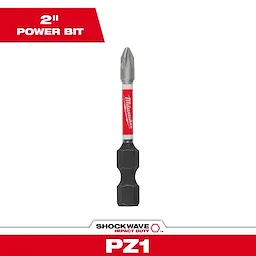 The image shows a Milwaukee Shockwave Impact Duty PZ1 2-inch power bit. The bit has a metal tip, a red and silver body, and a black hexagonal base. Text on the image reads "2" Power Bit" and "Shockwave Impact Duty PZ1."