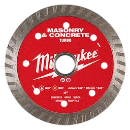 A 4" Turbo Masonry & Concrete Diamond Blade by Milwaukee, featuring a red center with white text for cutting concrete, brick, block, stone, and roof tile. It has a segmented diamond edge, cooling holes, and is indicated for both wet and dry use.